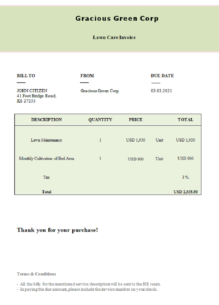 USA Gracious Green Corp invoice PSD template